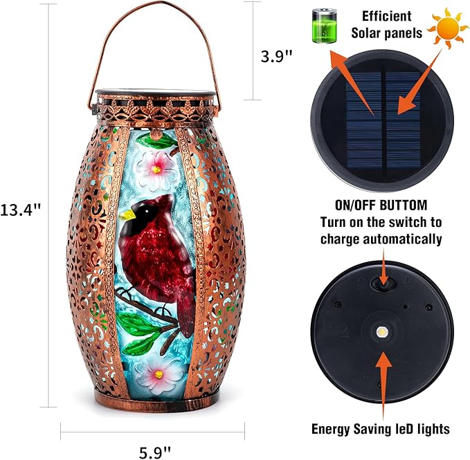 Larekook Outdoor Solar Lantern-Waterproof Cardinal Hanging Metal Decorative Lights for Patio Table Garden Pathway Yard with Super Bright Warm White LED,Large Solar Panels,Auto On/Off Sensor