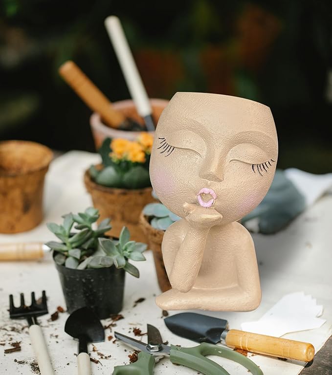 Cute Head Planter Pot/Face Planters for Indoor Plants,with Drainage Hole,Girl Face Flower Pot Cute Lady Head Planters Pot for Indoor Outdoor Plants,Cute Resin Succulent Planter (Khaki)