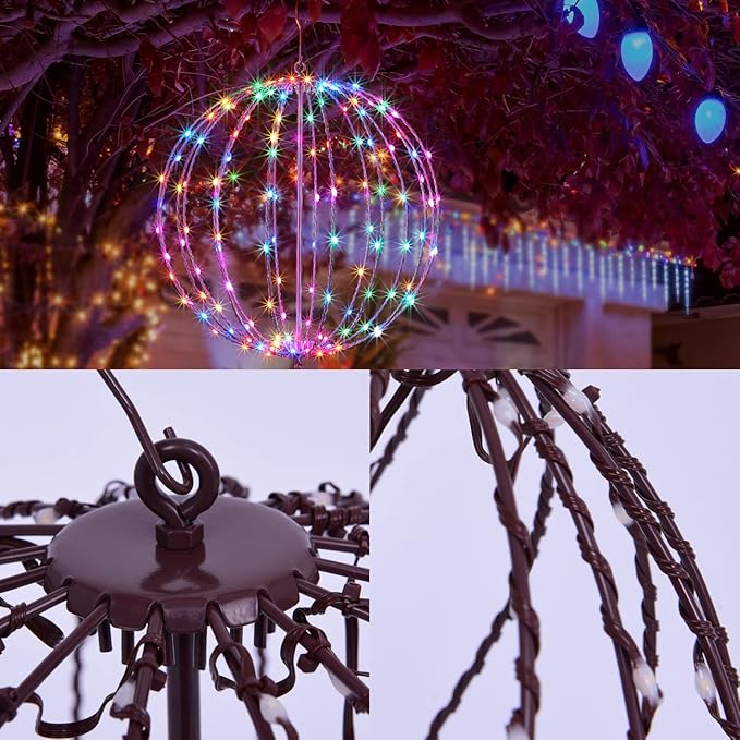 Christmas Ball Light Sphere, 10IN 48LED Hanging Tree Light and Pathway Lights with Hook and Stake, Foldable Metal Frame Light Ball for Outdoor Garden, UL Listed, Brown Frame, RGB