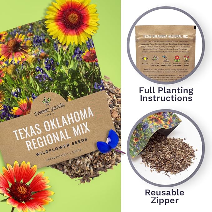 Texas Oklahoma Wildflower Seeds Mixture - Bulk 1 Ounce Packet - Over 15,000 Native Seeds - Open Pollinated and Non GMO