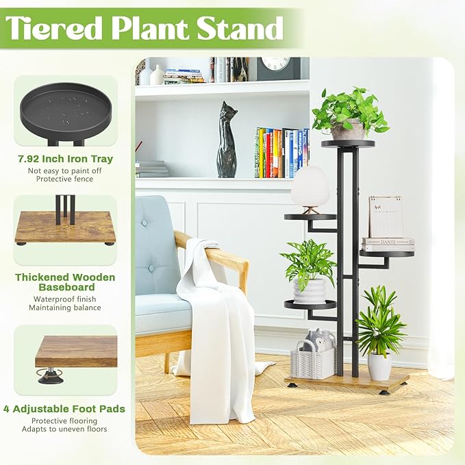 iDavosic.ly 5 Tier Plant Stand Indoor Outdoor, Tiered Corner Multiple Flower Pot Holder Shelf, Metal 34 Inch Tall Display Rack for Patio Porch Living Room Garden Balcony Bedroom, Black