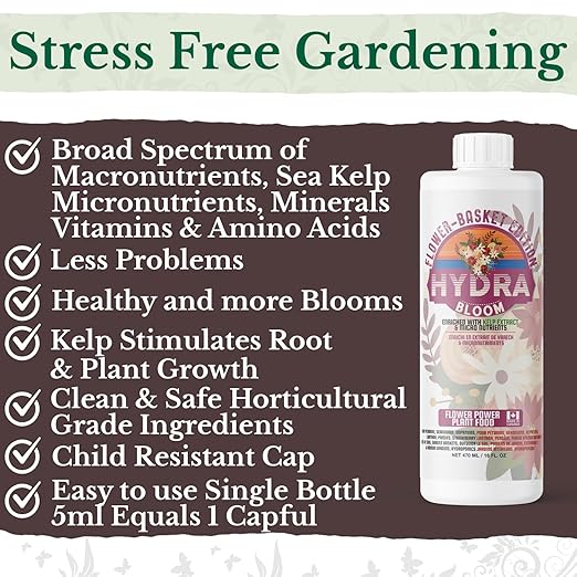 HydraBloom Flower Fertilizer - Indoor and Outdoor All Purpose Bloom Plant Food - Enriched with Kelp - for House Plants, Hanging Baskets, Strawberries - Use in Soil Gardens & Hydroponic Systems - 16oz