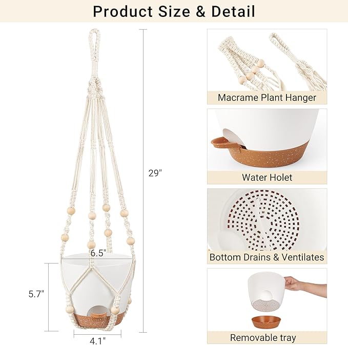 Mkono 6.5 Inch Hanging Planters, Macrame Plant Hangers with Self Watering Plant Pots Indoor Set of 2 Hanging Baskets Flower Pot Holders with Hooks No Tassels for Boho Home Decor, Ivory