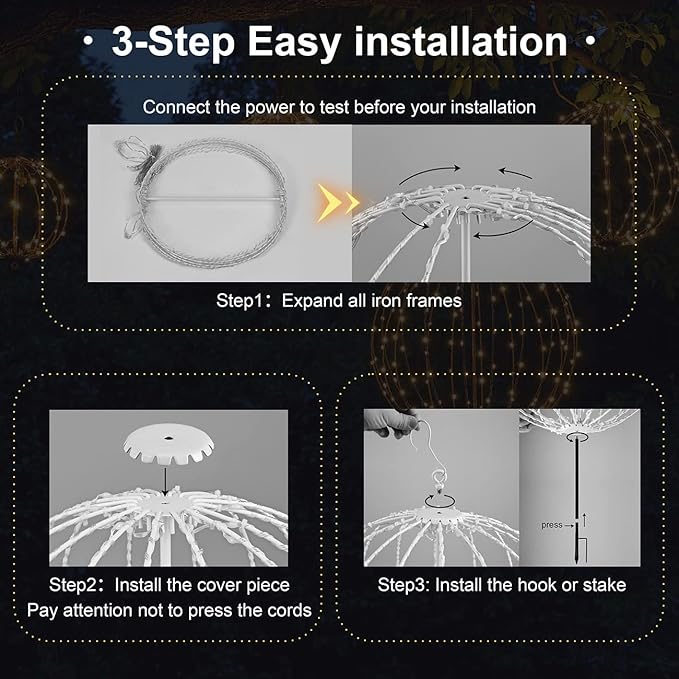 Christmas Ball Sphere, 10IN 48LED Hanging Tree and Pathway Light With Hook and Stake, Foldable Metal Frame for Outdoor Garden, UL Listed, White Frame, Warm White