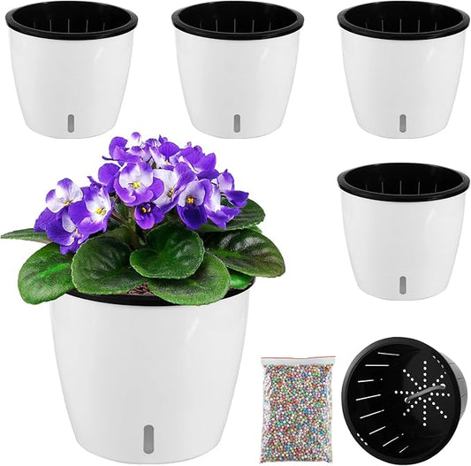 Planterhoma 6.7 Inch Self Watering Pots for Indoor Plants, 4 Packs White African Violet Pots with Water Indicator and Black Wick Pots, Self Watering Planters for Devil's Ivy, Indoor Plant Pots