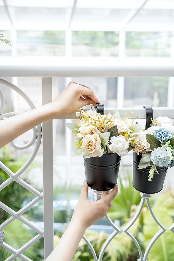 Dahey 10 Pcs Hanging Flower Pots Metal Iron Bucket Outdoor Planter for Railing Fence Balcony Garden Home Decoration Flower Holders with Detachable Hooks, Black, 5 Inches