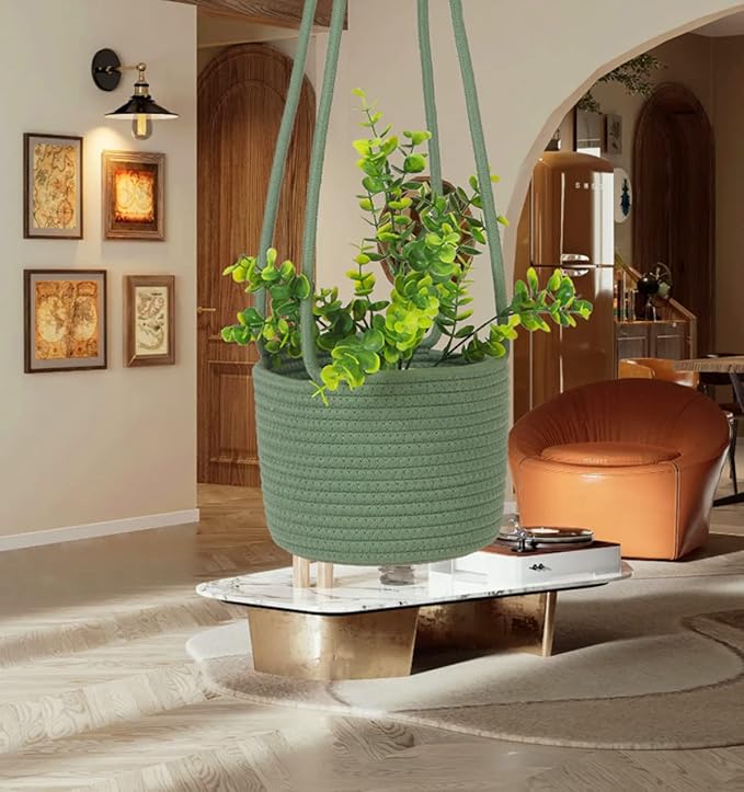 Hanging Planter Basket Jute Rope Woven Plant Hangers Indoor Hanging Plant Holder Up to 7" Pot Macrame Modern Storage Organizer Home Decor (Green)