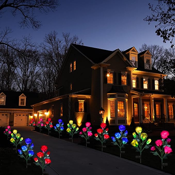 ANGMLN Solar Garden Lights, 6 Pack Solar Flower Lights Outdoor Waterproof with 30 Head Realistic Rose 7-Color Changing Landscape Light for Garden Yard Pathway Patio Grave Cemetery Decoration
