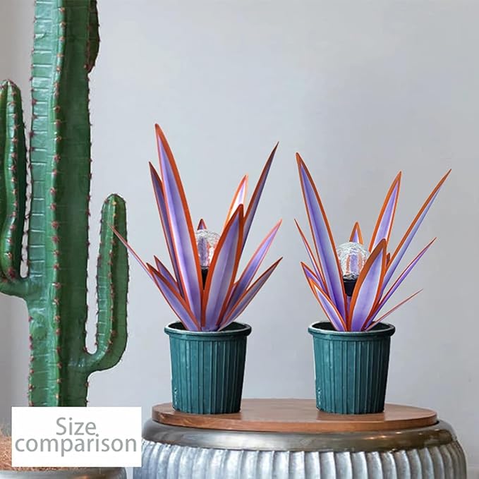 Metal Agave Plant Garden Art, 2 Pack Tequila Rustic Sculpture, Rustic Metal Agave Plants Garden Lawn Home Ornaments, for Yard Stakes, Garden Figurines, Outdoor Patio (2 PCS Purple with Light)