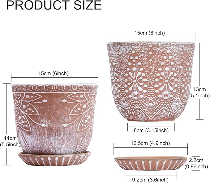 Gepege 6 Inch Beaded Ceramic Planter Set of 2 with Drainage Hole and Saucer for Plants, Indoor-Outdoor Large Round Succulent Orchid Flower Pot