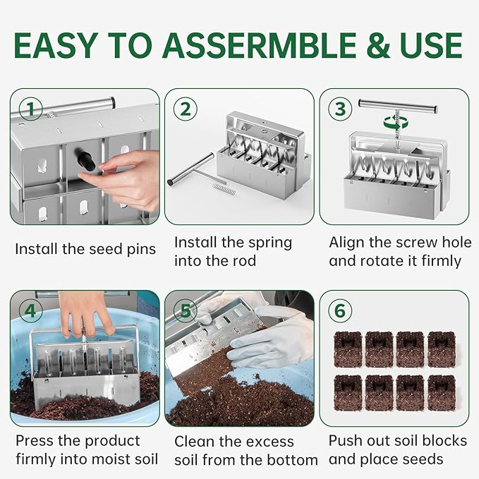 Soil Blocker, 2 Inch Soil Block Maker with 3 Sizes Seed Pins & Comfortable Handle 8 Cell Handlheld Soil Blocking Tool for Seed Starting, Grow Seedling, Outdoor Plants, Greenhouses, Garden