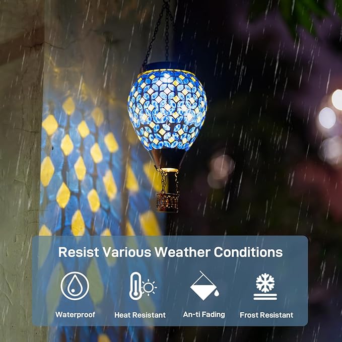 Mosaic Hot Air Balloon Solar Lantern with Flickering Flame, Blue Mosaic Hanging Solar Lantern Lights Outdoor Waterproof for Garden Patio Gifts for Women Mom Grandma