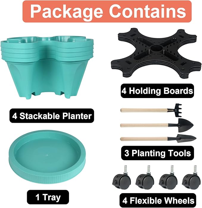 Vertical Planter 4 Tier Stackable Planters Garden Planters Strawberry Herb Flower and Vegetable Planter Indoor Outdoor Gardening Pots with Removable Wheels and Tools