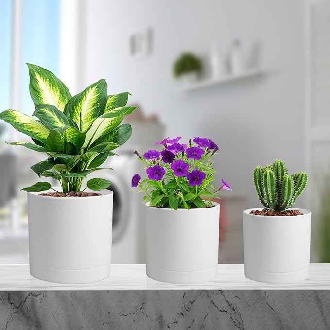 7/6.5/6/5/4 inch Flower Pots, 5 Pack Cylinder Plant Pots for Small Indoor Outdoor Plants, Plastic Planters with Drainage Holes and Saucers for Garden Succulent Nursery House Plants, White