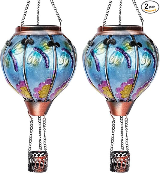 2PC Hot Air Balloon Solar Lantern with 2PC Shepherd Hook, Flickering Flame Hanging Solar Lanterns Outdoor Lights Waterproof Lanterns Decorative Garden Patio Yard Party Decor (Dragonfly)