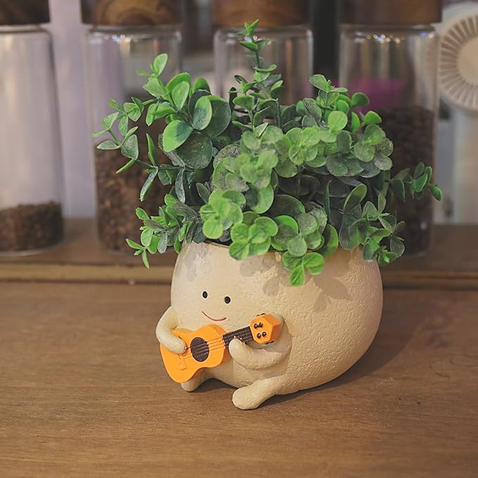 Smily Face Planter Pot with Drainage Hole Cute Resin Head Planters for String of Pearls Plant Live Unique Guitar Succulent Pots for Indoor Outdoor Plants Gift IdeaI for Mother Christmas(Large)