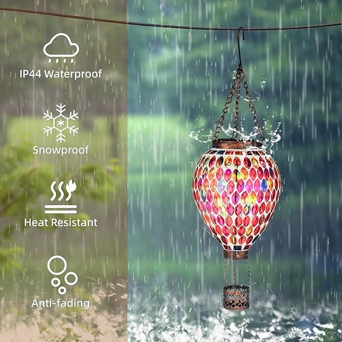 VOREEN Hot Air Balloon Solar Lantern, Mosaic Solar Outdoor Hanging Wind Light, Waterproof, Patio Festive Decor, Easter Gifts for Mom Father Grandma, Red