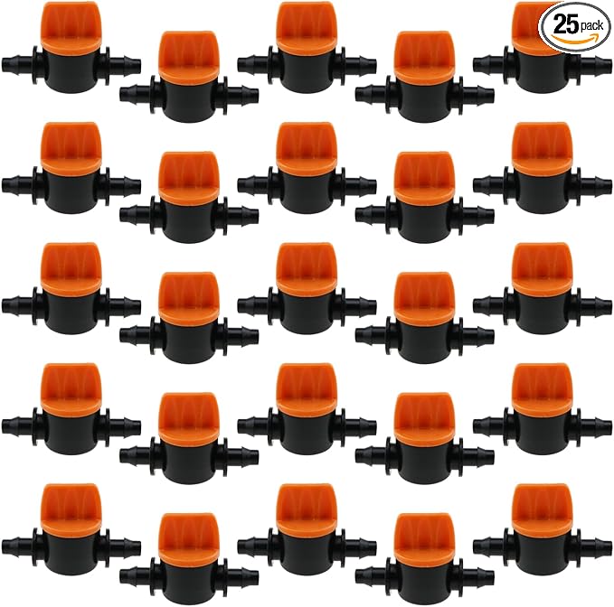 25PCS Drip Irrigation Fitting Valve 1/4 Inch Double Barb Mini Valve Straight Through Switching Valve for Drip Irrigation System and Garden Farm and Aquarium Pump