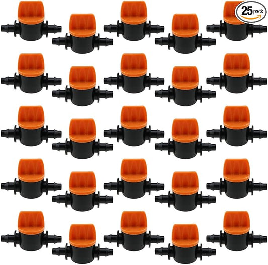 25PCS Drip Irrigation Fitting Valve 1/4 Inch Double Barb Mini Valve Straight Through Switching Valve for Drip Irrigation System and Garden Farm and Aquarium Pump