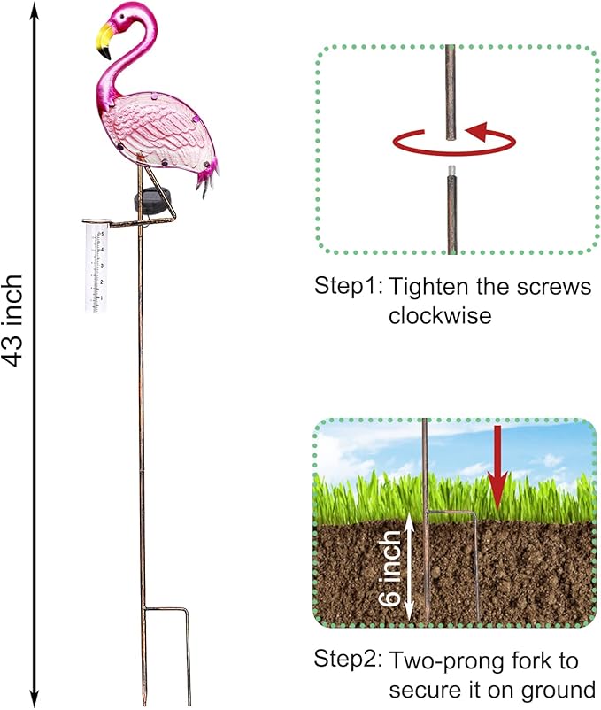 LEWIS&WAYNE 43’’ Solar Flamingo Rain Gauge Outdoor Decorative Metal Stake LED Lights with Glass Tube Solar Pathway Lights for Garden, Yard, Patio, Lawn Decor