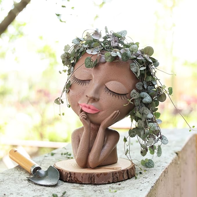 AIMEBBY Face Planter Pot - Face Flower Pots for Indoor and Outdoor Plants - Resin Head Planter Pots with Drainage Hole (Medium Size)-Black…