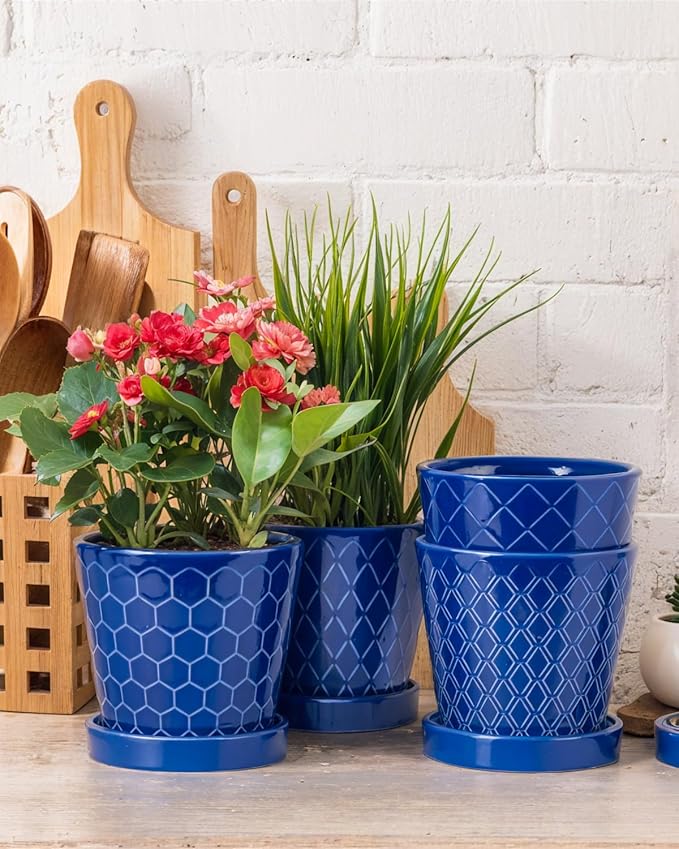 Ceramic Plant Pots –5 inch Indoor Flower Pot with Drainage Hole and Ceramic Tray - Gardening Home Desktop Office Windowsill Decoration Gift, Set of 4-Plants NOT Included(Blue)