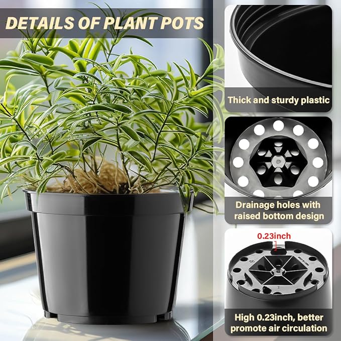 15 Pack 6 Inch Plastic Plant Pots with Drainage Holes, Sturdy Nursery Pots for Plants, Thickened Flower Pots for Indoor Outdoor Planting Transplanting, Succulents, Seedlings, Black