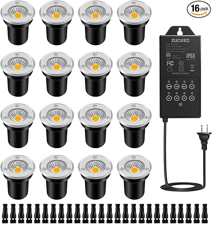 ZUCKEO 16Pack Low Voltage Landscape Lights 3w Well Lights LED In Ground Light with Timer Transformer and Connector, IP67 Waterproof Outdoor Accent Lighting for Yard Garden Pathway Walkway Deck Step