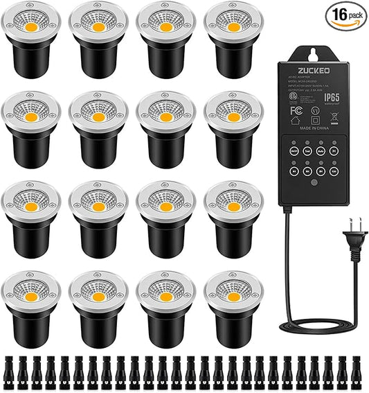 ZUCKEO 16Pack Low Voltage Landscape Lights 3w Well Lights LED In Ground Light with Timer Transformer and Connector, IP67 Waterproof Outdoor Accent Lighting for Yard Garden Pathway Walkway Deck Step