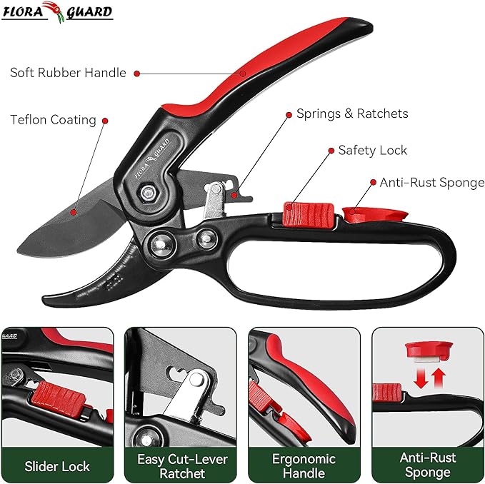 FLORA GUARD Garden Clippers, Professional Ratchet Pruning Shears, Increases Cutting Power 3x, Sharp Gardening Scissors, Cutting Rose, Flower, Hedge, Stem, Tree, Perfect for Weak Hands & Arthritis