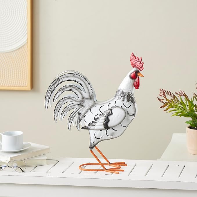 Deco 79 Metal Rooster Decorative Garden Sculpture Garden Statue with Black and Red Accents, Outdoor Sculpture 6" x 16" x 18", White