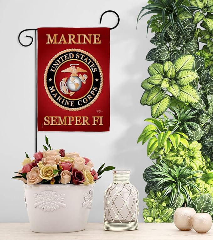 Marine Corps Garden House Flag - Set Armed Forces USMC Semper Fi United State American Military Veteran Retire Official - Decoration Banner Small Yard Gift Double-Sided Made In USA 28 X 40
