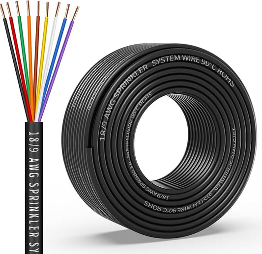 18/9 Solid Sprinkler System Wire 100ft, 18 Gauge Irrigation Wires PVC Jacket Sprinkler Cable for Underground Irrigation Valves Field Central Control System