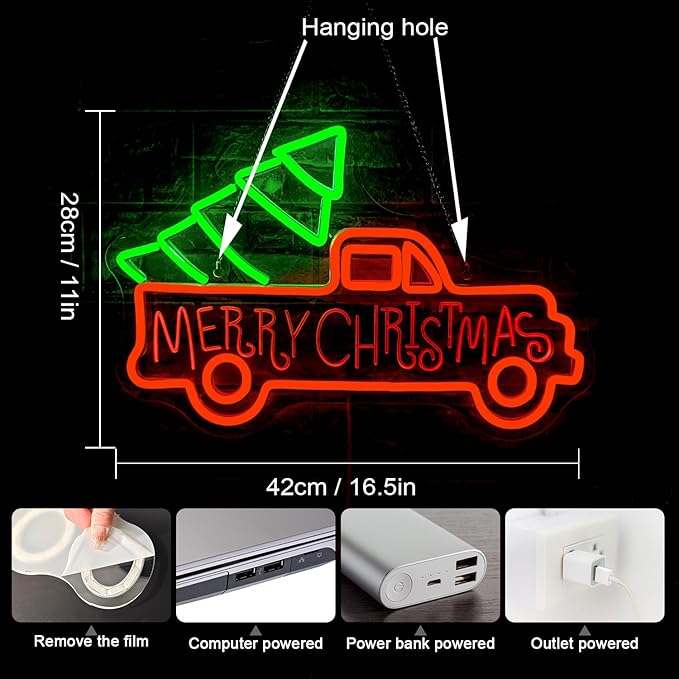 WLHOPE Christmas Truck Neon Sign,Merry Christmas Neon Signs for Wall Decor,Dimmable Merry Christmas Led Signs for Christmas Party Backdrop Bedroom Window Bar Club Shop,Christmas Gift Decoration
