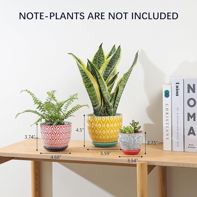 Selamica Ceramic Plant Pots, Indoor Flower Pots for Indoor Plants, 3.5+4.6+5.5 Planters with Drainage Hole & Saucer, Set of 3, Home Decor, Assorted Colors