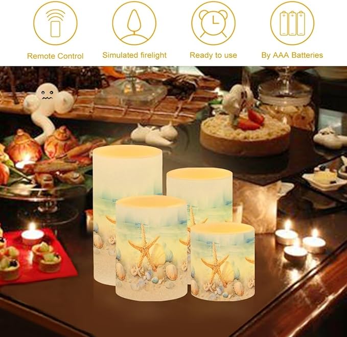 Flameless Candles Battery Powered LED Candles with Remote Timer Color Changing Control Long Lasting for Indoor Outdoor Home Coastal Decoration Pack of 4, Starfish Seashell Painting