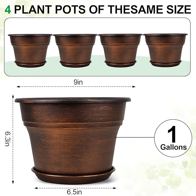 Plant Planters Pots Set of 4 Pack 9 Inch, Plastic Flower Pot for Indoor Plants with Drainage Holes & Trays, Resin Decorative Container Sets with Saucer for House Outdoor Garden Planters Copper