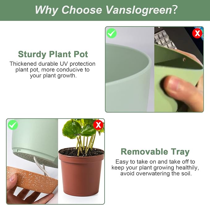 Planters for Indoor Plants, 10/9/8 Inch Self Watering Plant Pots with Drainage Hole, Plastic Planters Flower Pots for Indoor Outdoor Plants (Green)