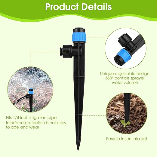 60 Pcs Drip Irrigation Emitters with Stake - Adjustable Drip Emitter Vortex for 1/4" Drip Line Irrigation Tubing - Drip Irrigation System Parts Drippers Sprinkler Heads for Garden Watering System-Blue