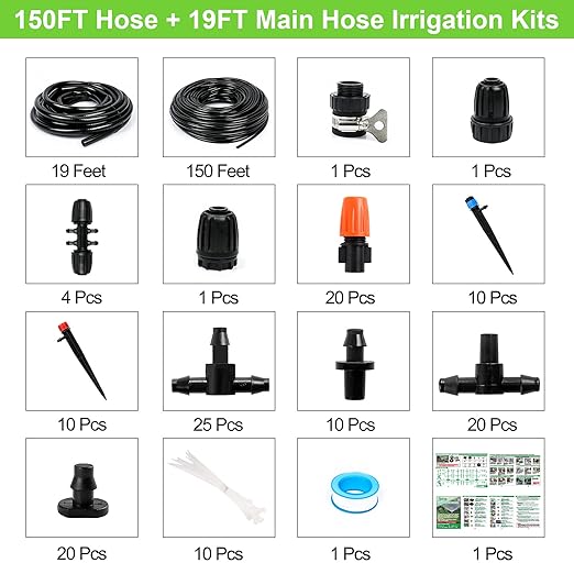 Drip Irrigation Kit, 169FT Greenhouse Watering System, 1/4 inch Automatic Patio Misting System for Garden with Distribution Tubing Hose & Adjustable Nozzle Emitters Sprinkler Barbed Fittings
