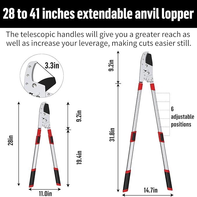GARTOL Heavy-Duty Extendable Anvil Lopper 28~41" Telescopic Steel Tree Branch Cutter, Long Reach Tree Trimmer, Designed for Dry Wood, Double Ratcheting Mechanism, 6 Position Stops, Cuts Up 2''