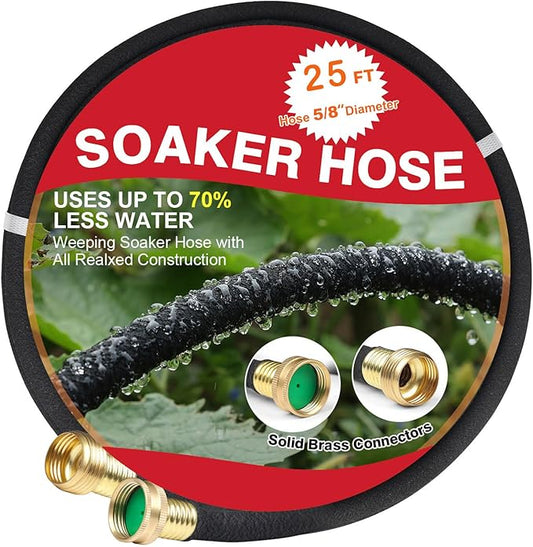 Soaker Hose 25 FT for Garden with 5/8" Diameter Irrigation Hose Save 70% of Water Solid Brass Interface Eminently Suitable for Lawn and Garden Bed Cover