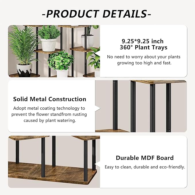 9 Tier Wood Tall Plant Stand Metal Rack Indoor, Multiple Flower Pot Holder Shelves Corner Rack, Planter Shelf Display Rack Storage Organizer for Patio Living Room Balcony Garden(Black)