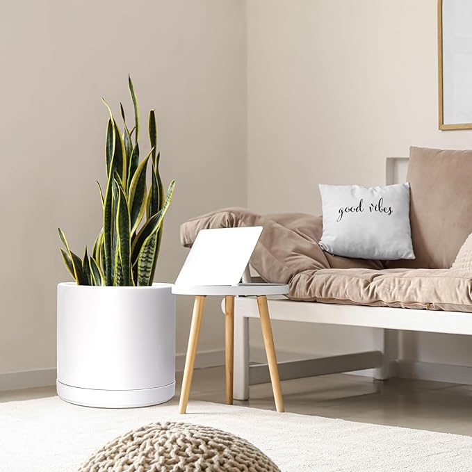 D'vine Dev 14 Inch Ceramic Planter Pot with Drainage Hole and Saucer, Indoor Cylinder Round Planter Pot, White, 94-O-G-1