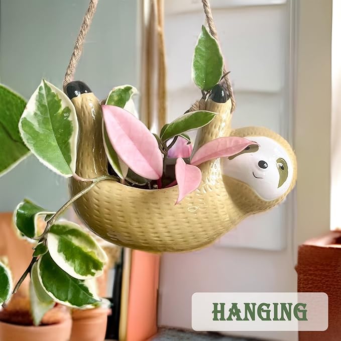 Gardening Gifts for Women, Sloth Gifts, Plant Gifts for Plant Lover Gardener Lady Mom, Cute Garden Gifts, Friend Birthday Gift, Ceramic Sloth Hanging Planter Pot for Indoor Plants Succulent Cactus