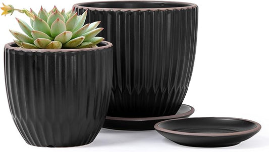 D'vine Dev Set of 2 Stoneware Planter Pots, Ceramic Pot with Drainage Hole and Saucers, 4.5 Inch 5.8 Inch, Black, 99-D-2