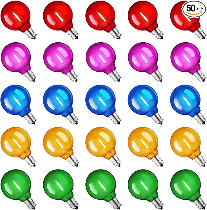 Brightown 50 Pack Multicolor G40 LED Christmas Replacement Light Bulbs, UL Listed, 1 Watt E12/C7 Candelabra Base Plastic Shatterproof LED Globe Edison Bulbs, Easily Screw in Strings Spools Strands