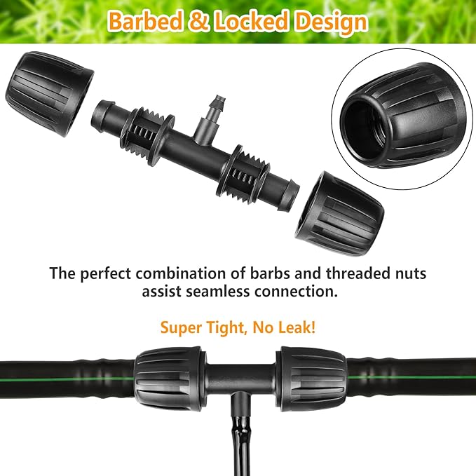 Drip Irrigation Fittings for 1/2 inch Tubing(0.63" OD) to 1/4 inch Irrigation Tubing, 15 Pieces Barbed Tee Drip Parts Twist Locked 3 Way Connectors for Drip Irrigation Hose (13mm ID / 4mm ID)
