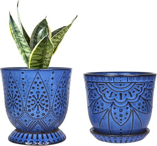 Gepege 6 Inch Beaded Ceramic Planter Set of 2 with Drainage Hole and Saucer for Plants, Indoor-Outdoor Large Round Succulent Orchid Flower Pot (Blue, for Inner-pots not Larger Than 5 Inch)