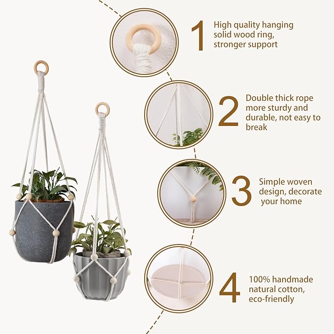 Artilady Hanging Planter for Indoor Plants Macrame Plant Hanger Large Hanging Plant Holder with Adjustable Beads Plants Basket White Rope Boho Plant Wall Decor